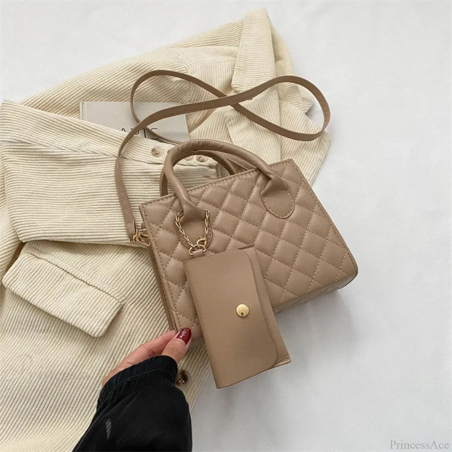 Solid Diamond Grid PU Leather Crossbody Khaki crossbody-250126