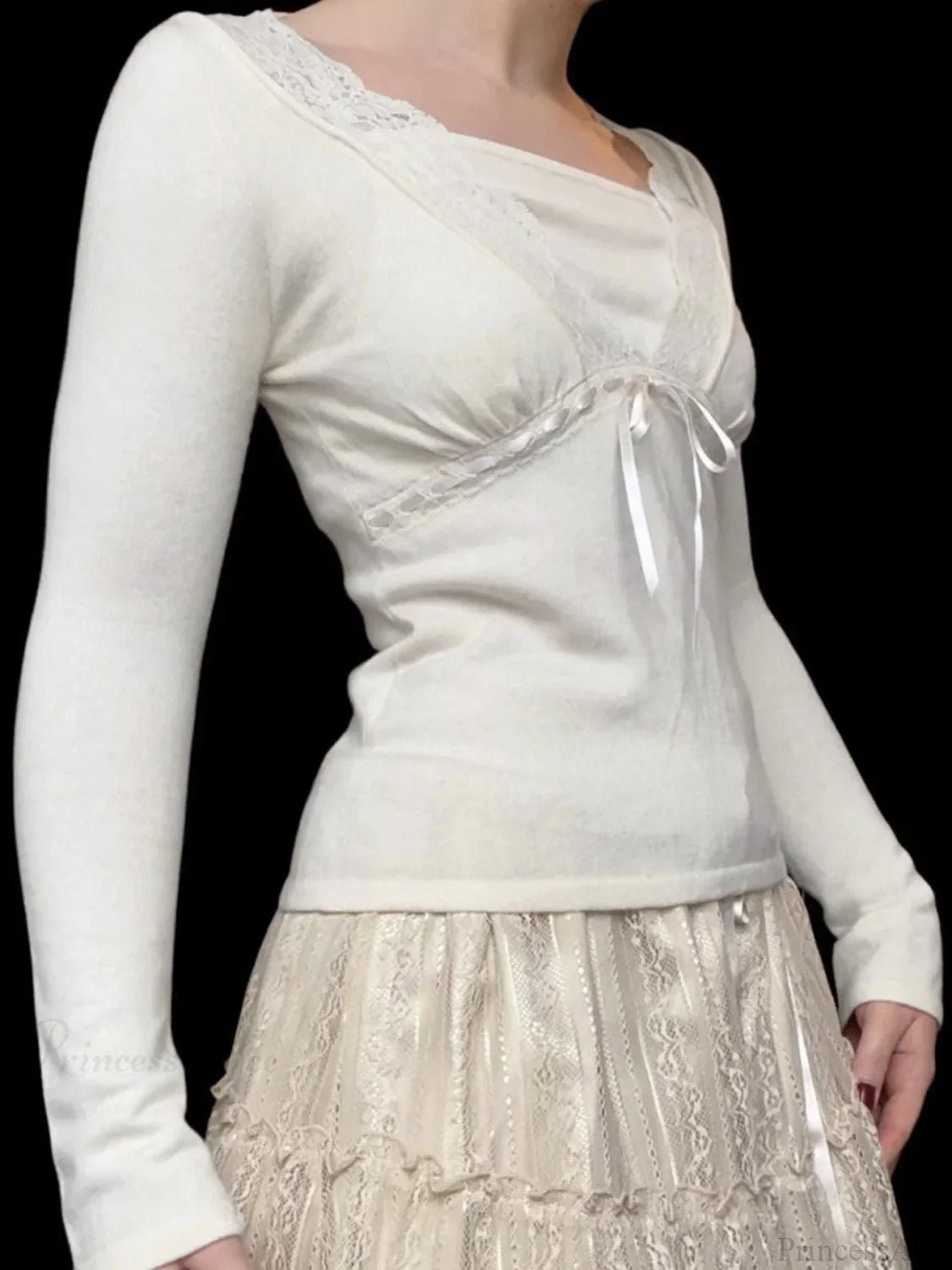 Solid Lace Trim Deep V-Neck Slim Long Sleeve Knit Top knittop-250126