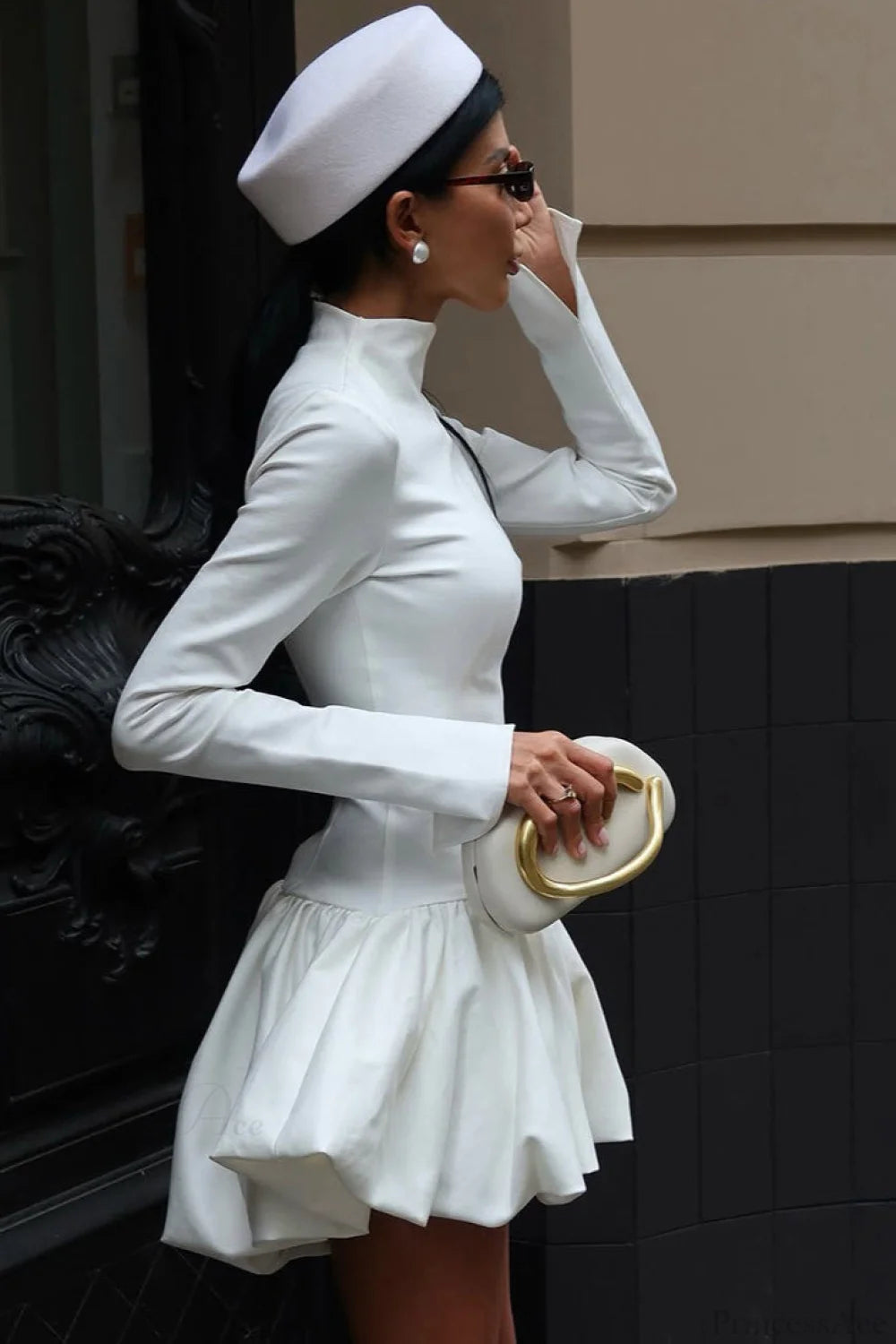 Solid Mock Neck Fitted Waist Long Sleeve Mini Dress