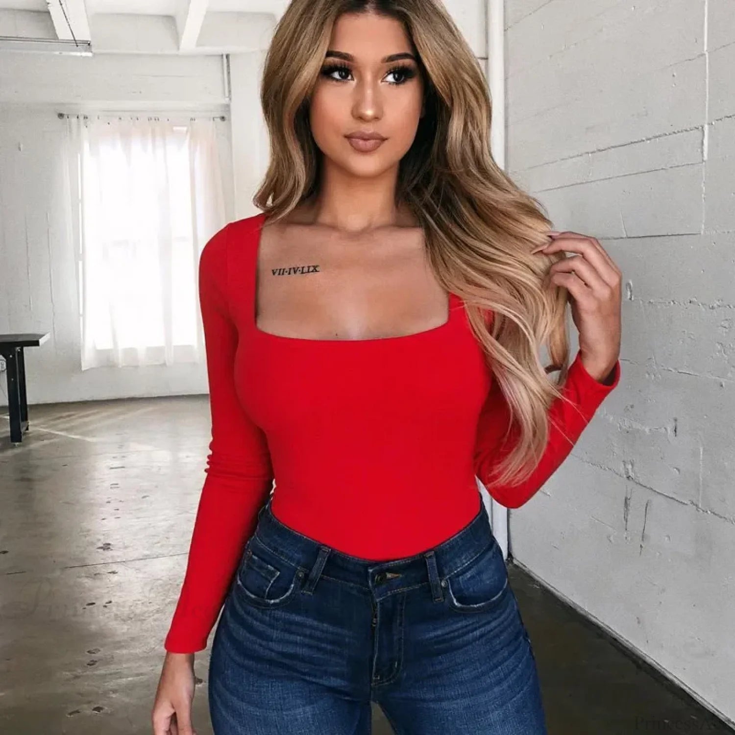 Solid Square Neck Long Sleeve Slim Fit Knit Top knittop-250126