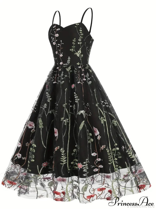 Party Mesh Flowered A Embroidery For Gown Line Summer M / Red Black Floral Maxi Dress