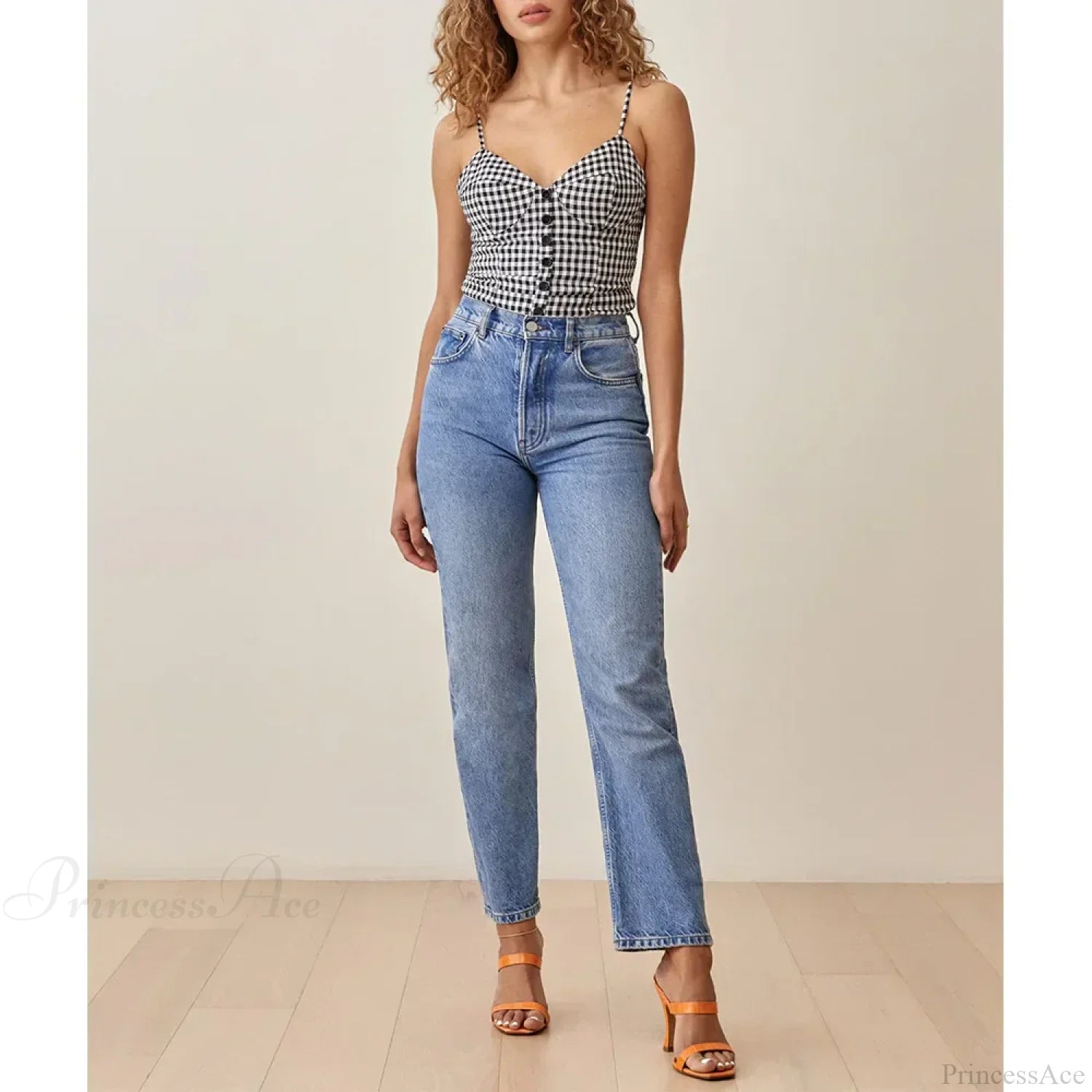 Spaghetti Strap Front Button Gingham Lace Up V Neck Casual Crop Top croptop-250126