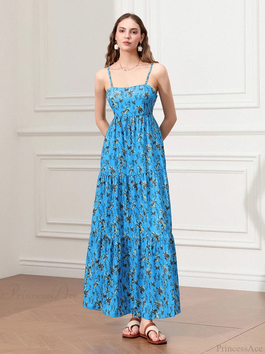 Spaghetti Strap Ruched Backless A-Line Beach Vacation Floral Dress floraldress-250126