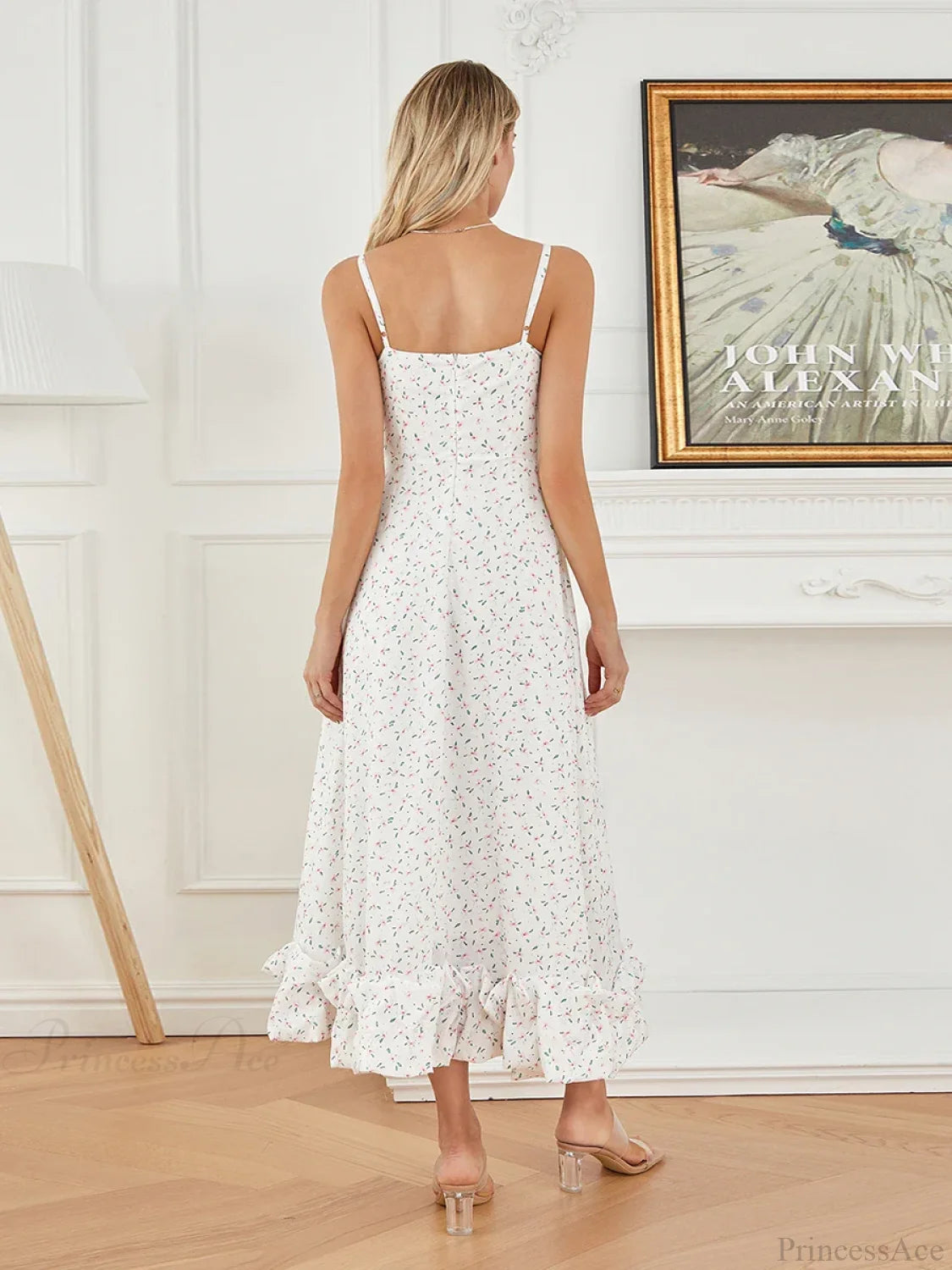 Spaghetti Strap Ruffled Long Sweet Sling Bubble Hem A-line Floral Dress floraldress-250126