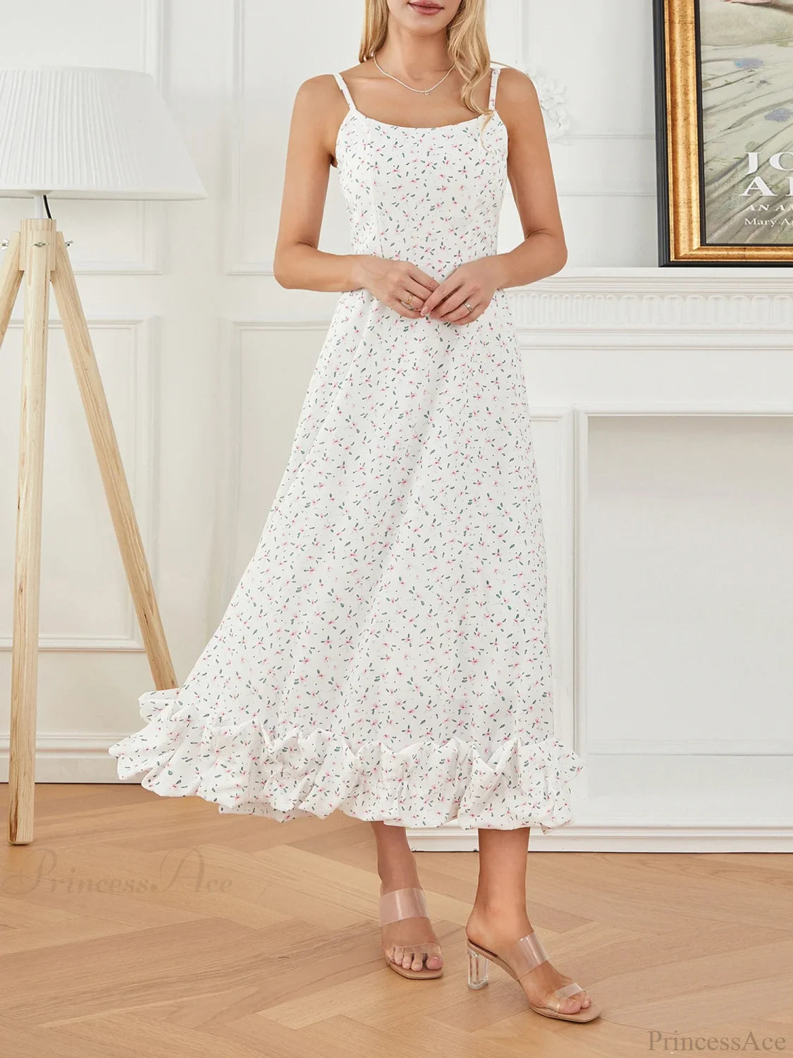 Spaghetti Strap Ruffled Long Sweet Sling Bubble Hem A-line Floral Dress WHITE / S floraldress-250126