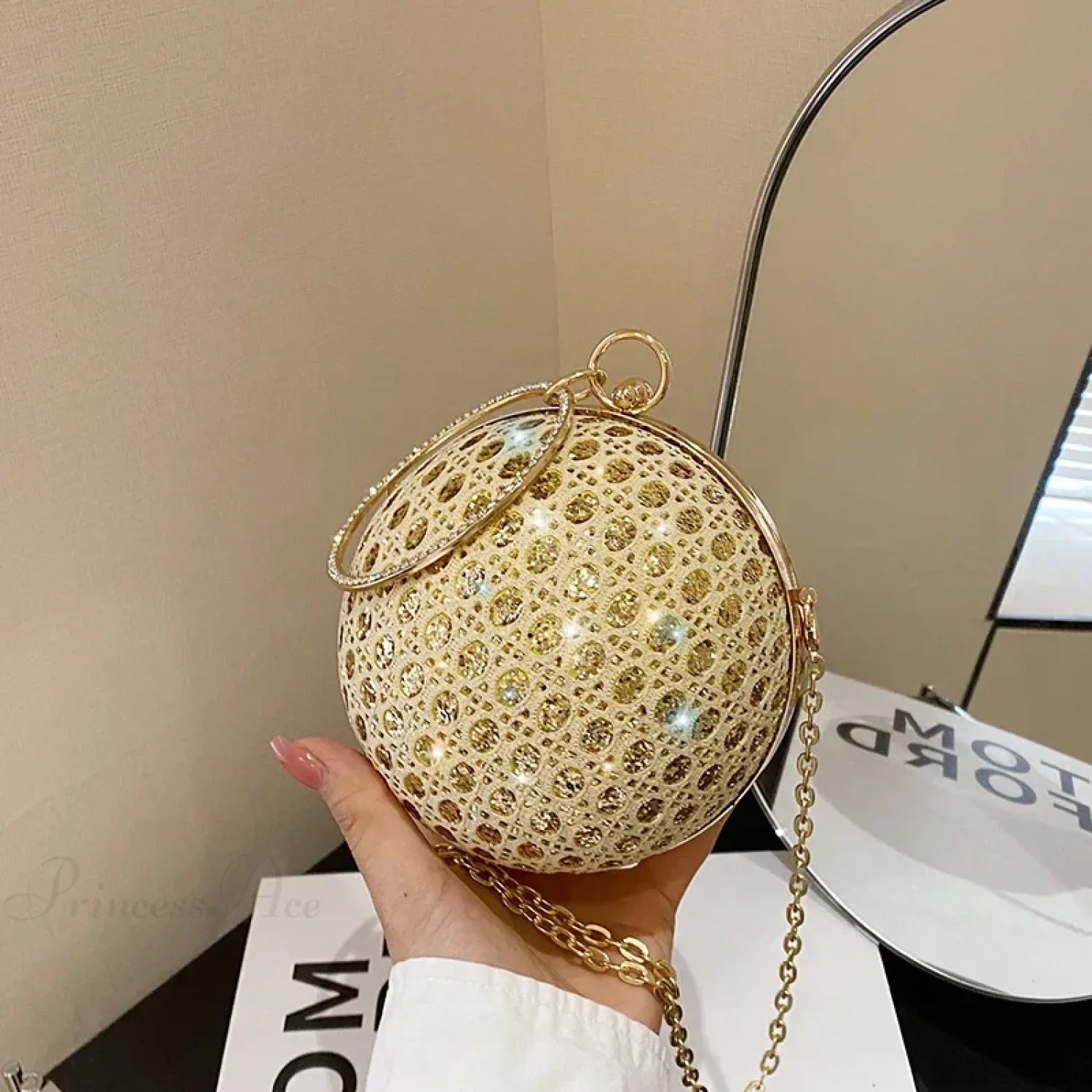 Sparkly Round Shiny Diamond Evening Shoulder Clutch Bag Gold clutchbag-250126