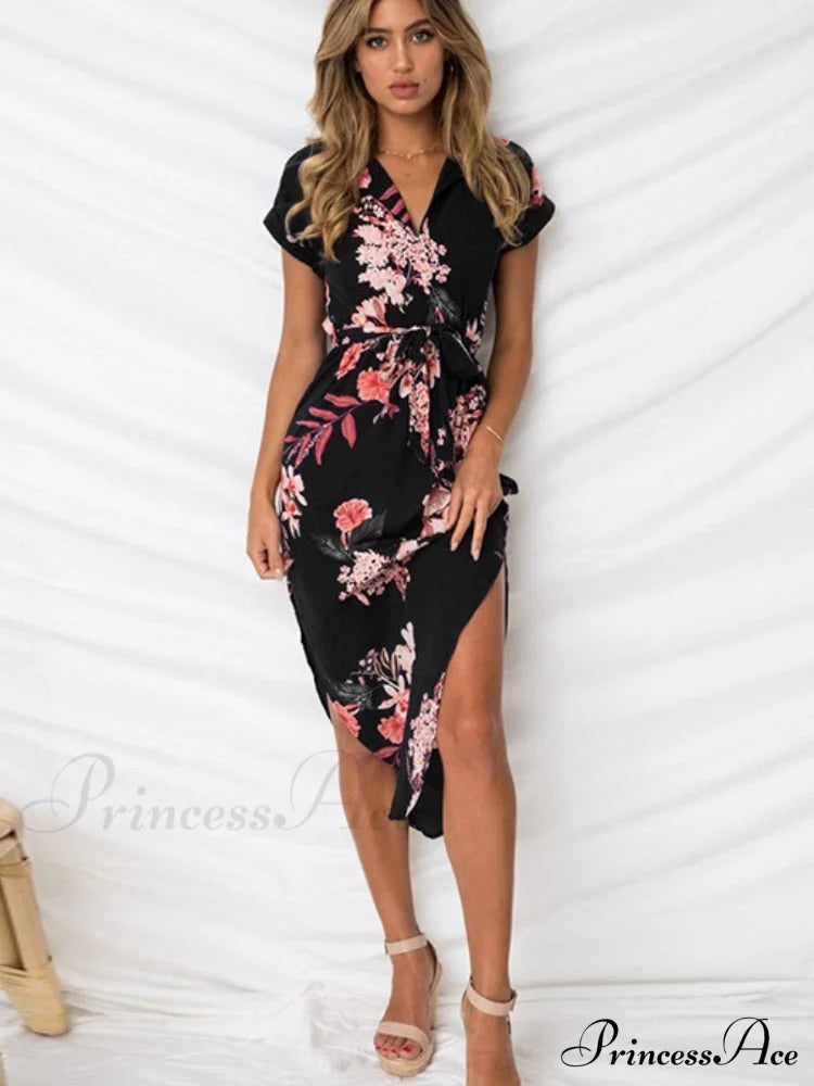 Split Women Party Flowered Midi Ruffles Bohemian V-Neck Casual Gown Design Wrap Warm-Season Sexy