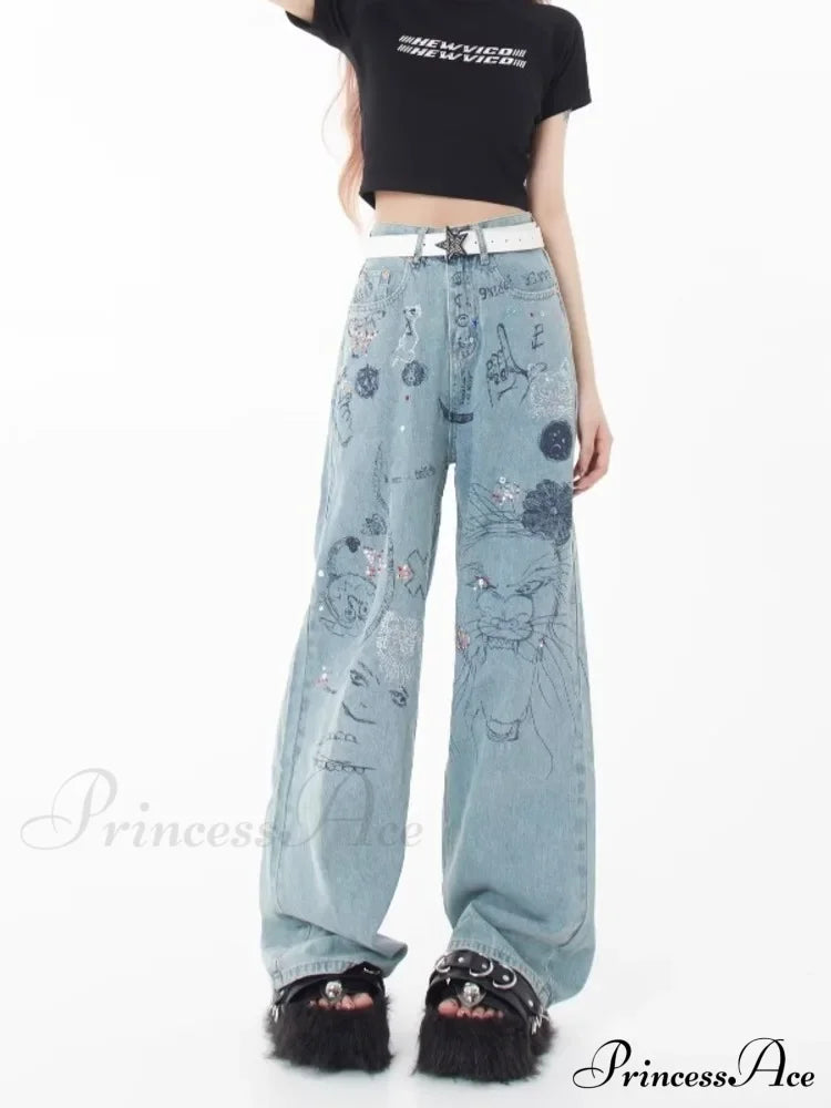 Spring And Autumn New Small Market Design Sense Personalized Print Graffiti Straight Women’s Jean