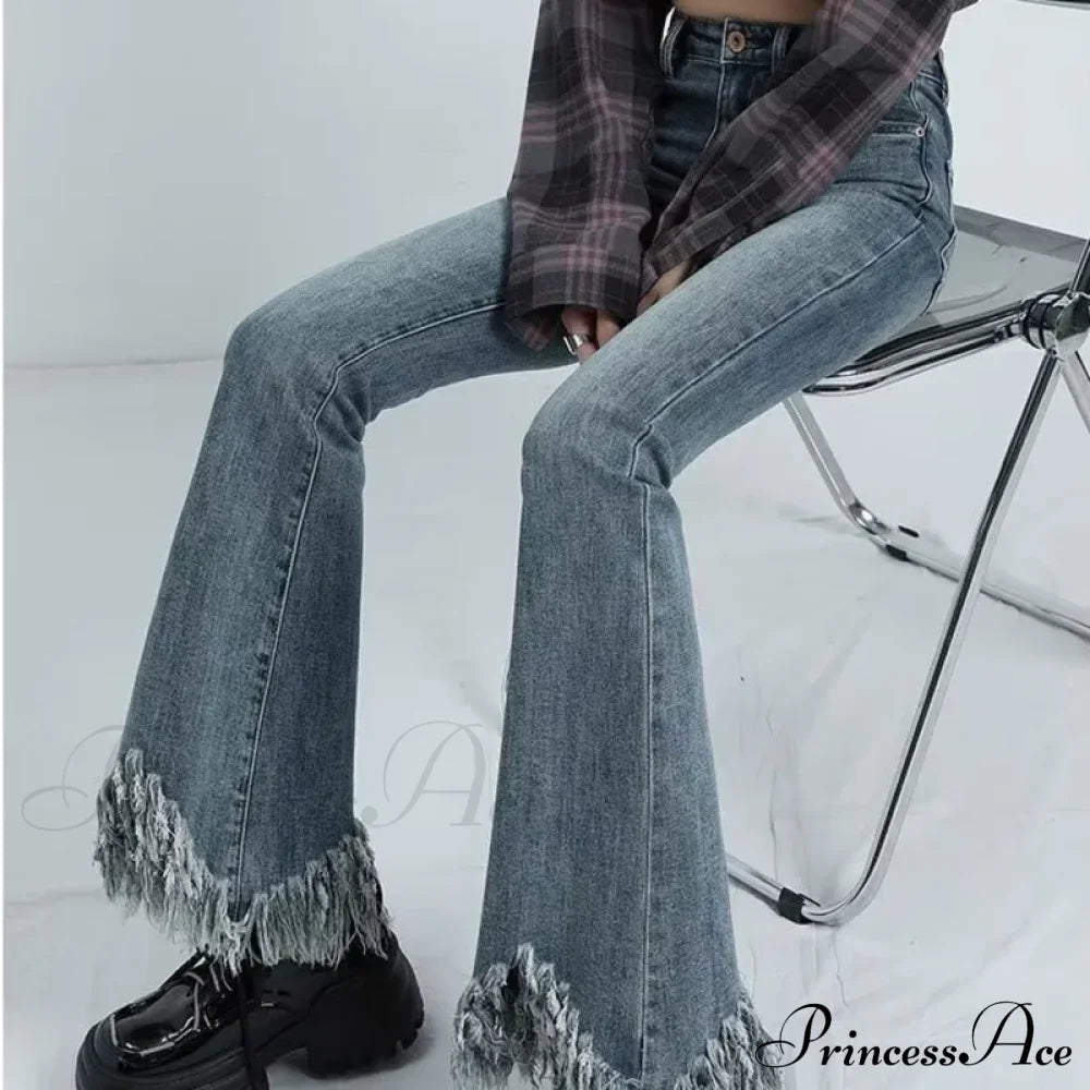 Spring And Autumn Vintage Blue Tassel Elastic Horseshoe Rugged Edge Micro Horn Jean