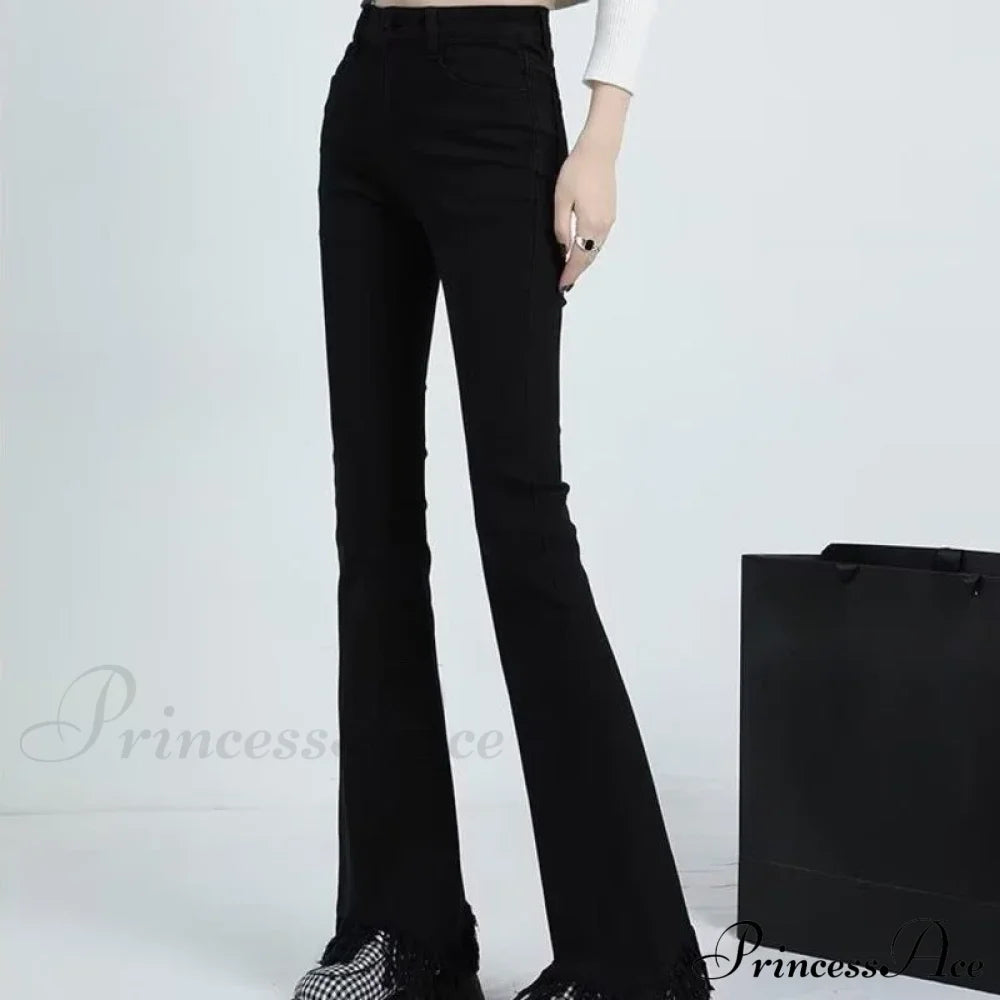 Spring And Autumn Vintage Blue Tassel Elastic Horseshoe Rugged Edge Micro Horn Jean