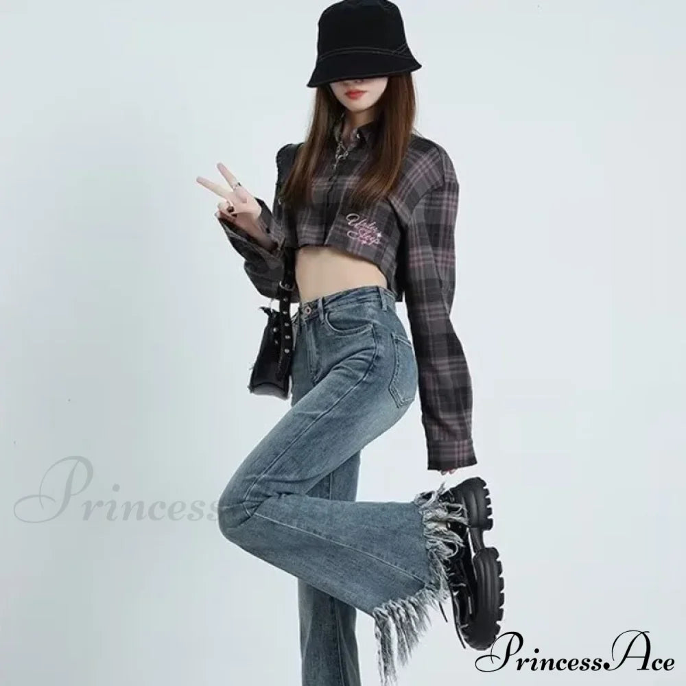 Spring And Autumn Vintage Blue Tassel Elastic Horseshoe Rugged Edge Micro Horn Jean