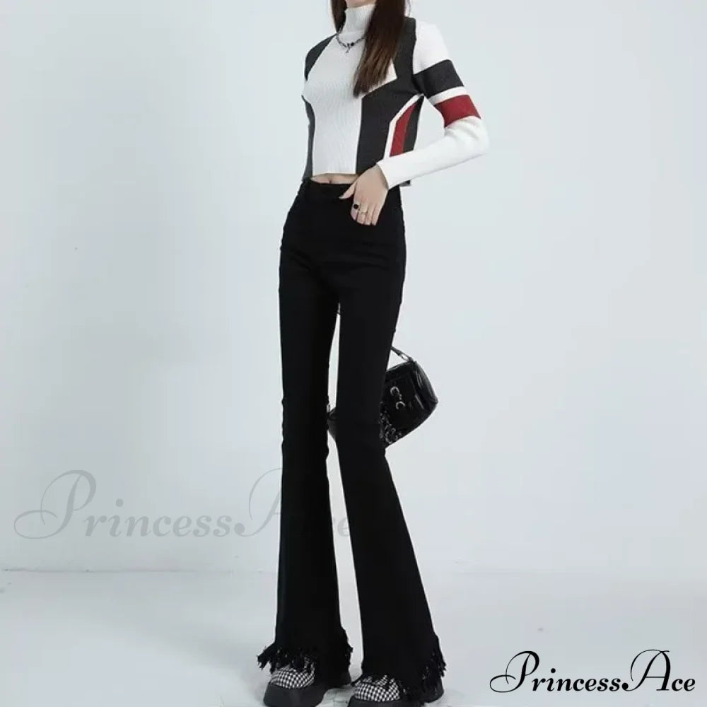 Spring And Autumn Vintage Blue Tassel Elastic Horseshoe Rugged Edge Micro Horn Jean