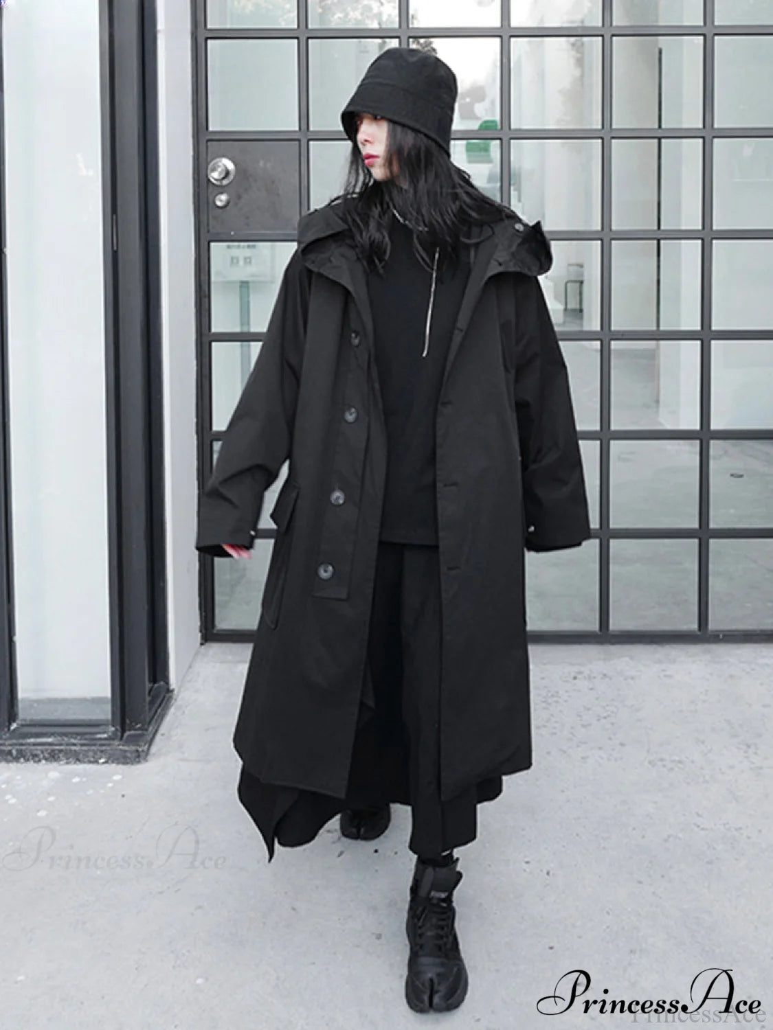 Spring Autumn Long Oversized Black Hood Dark Aesthetic Luxury Designer Stylish Coat