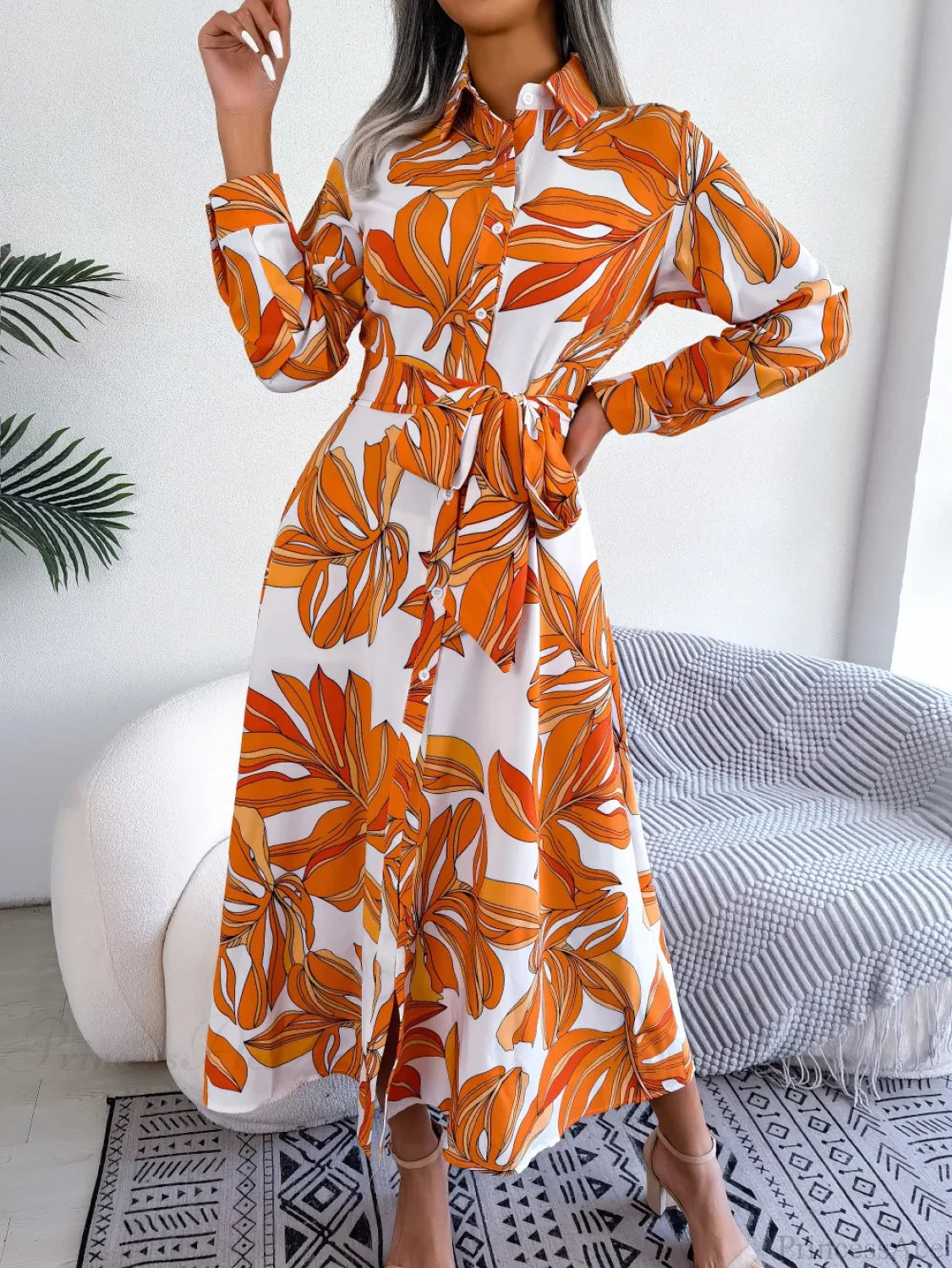 Spring Summer Contrast Floral Polo Collar Shirt Floral Dress Orange / S oldfloraldress-250126