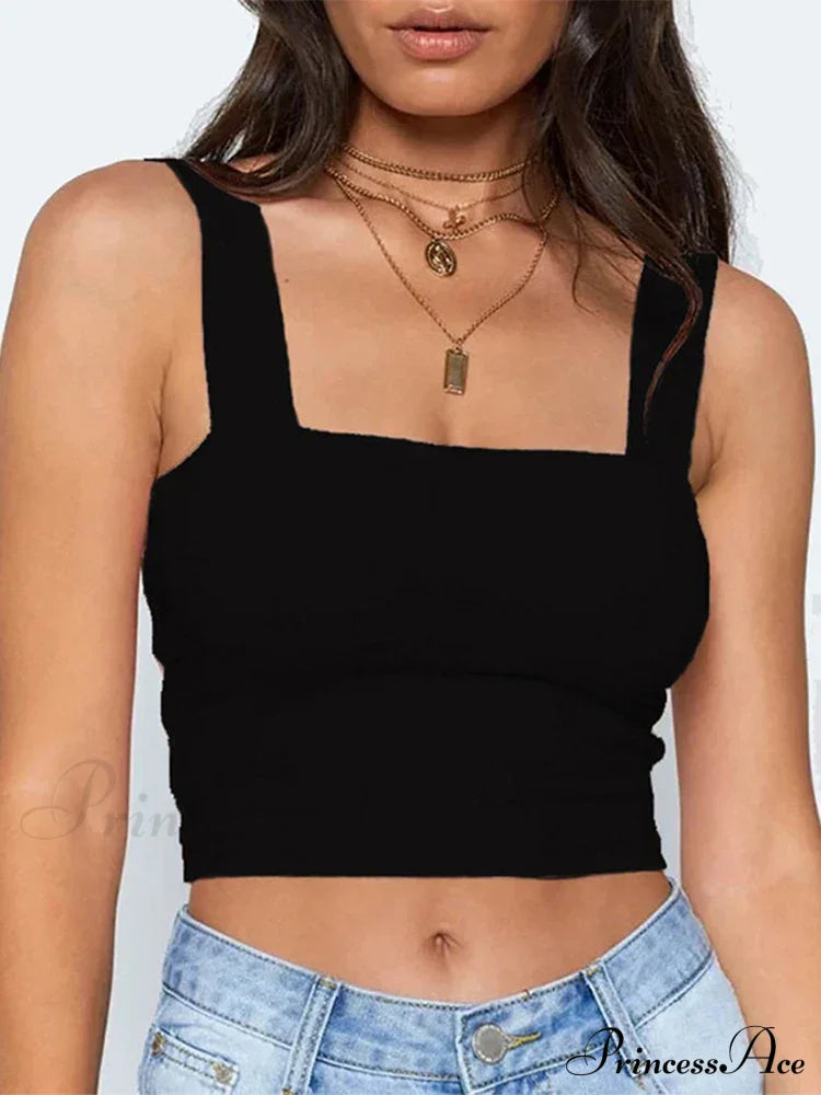 Square Neck Sleeveless Summer Crop Women Black Casual Basic T Shirt Off Shoulder Cami Sexy Backless