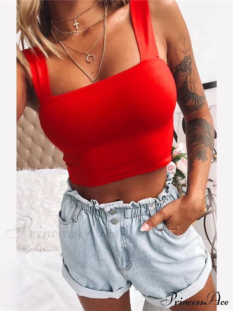 Square Neck Sleeveless Summer Crop Women Black Casual Basic T Shirt Off Shoulder Cami Sexy Backless