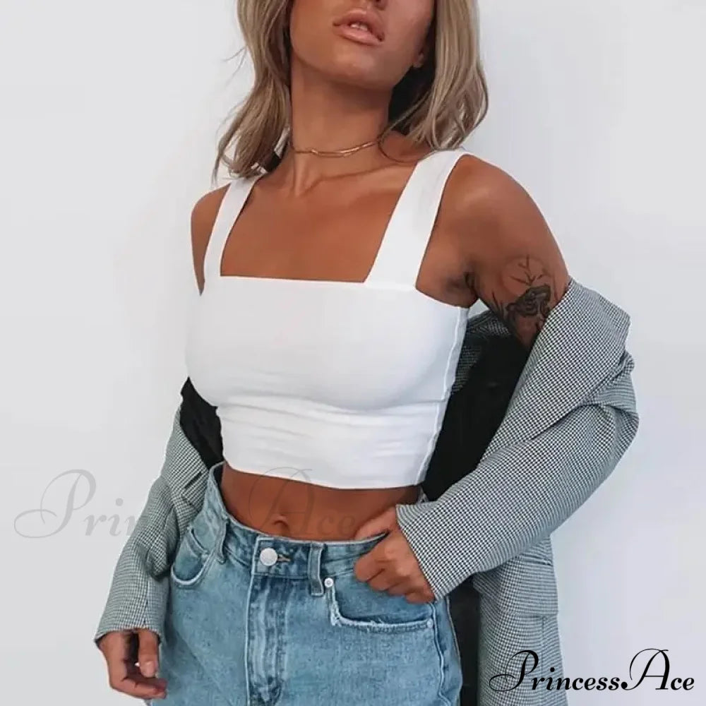 Square Neck Sleeveless Summer Crop Women Black Casual Basic T Shirt Off Shoulder Cami Sexy Backless