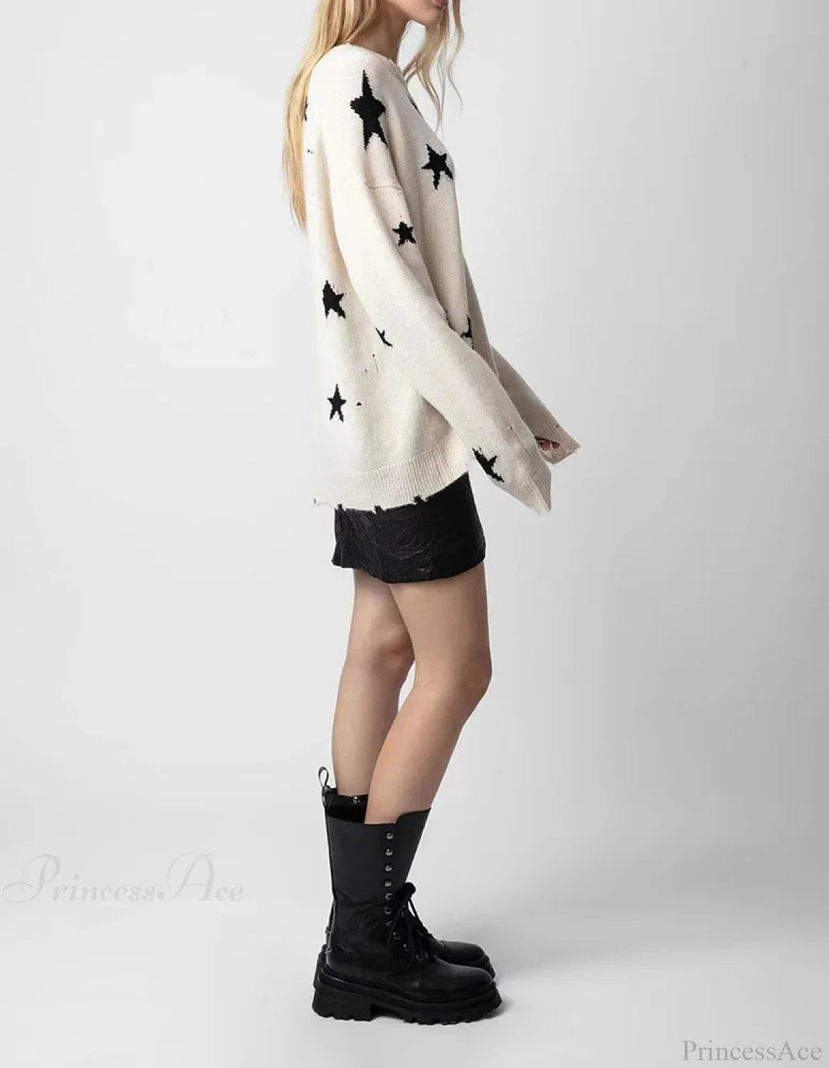 Star Ripped Cashmere Knit Pullover Casual Long Sleeve Knit Top