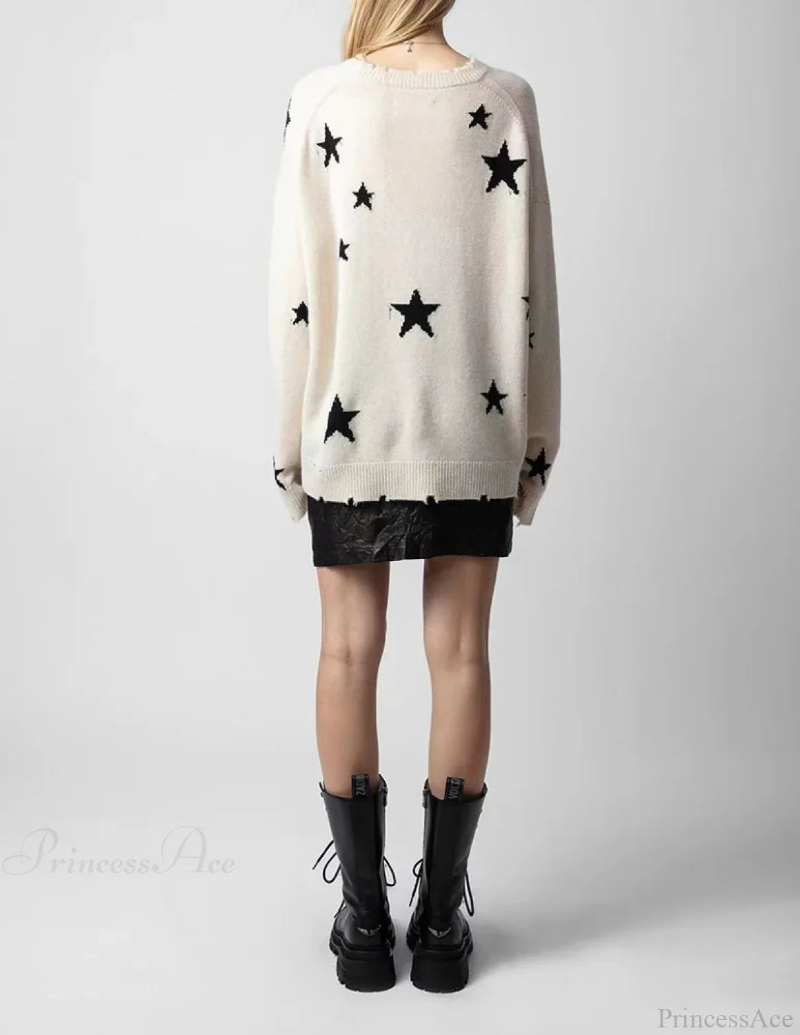 Star Ripped Cashmere Knit Pullover Casual Long Sleeve Knit Top