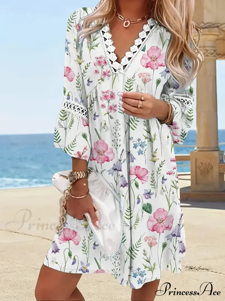 Stitching Lace And Design Gown With V Bohemian Flowered Neck M / Green Pink V Neck Maxi Dress