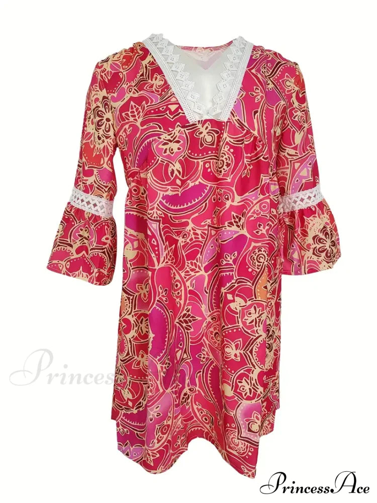 Stitching Lace And Design Gown With V Bohemian Flowered Neck S / Green Pink V Neck Maxi Dress