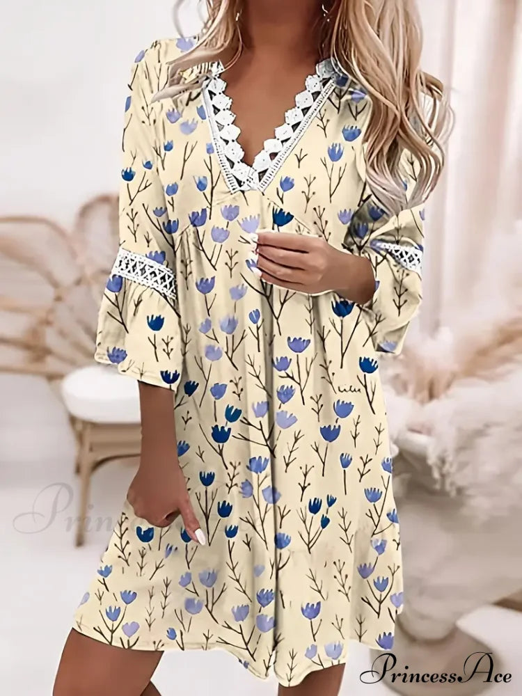 Stitching Lace And Design Gown With V Bohemian Flowered Neck S / Pink Pink V Neck Maxi Dress