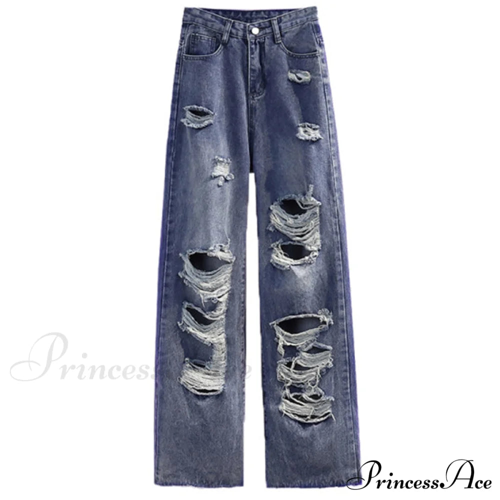 Street Style Hip Hop Ripped Jeans Blue / S-40Kg--45Kg