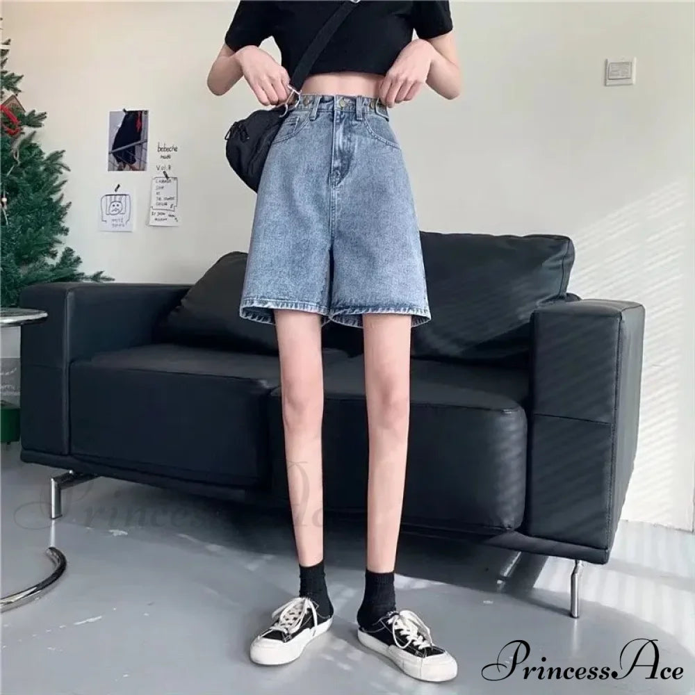 Streetwear Summer Half High-Waisted Belted Loose Female Short Fashion Jean