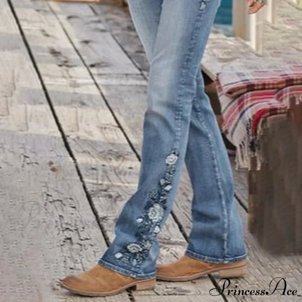 Stretch Women’s 90S Vintage Clothes Printed Denim Loose Washed Fashion Flare Blue Casual Pant Jean