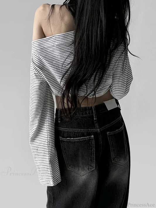 Striped Off-Shoulder Loose Slash Neck Long Sleeve Knit Top knittop-250126