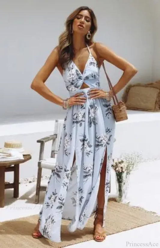 Summer Boho Maxi Halter Floral Dress Blue / S floraldress-250126