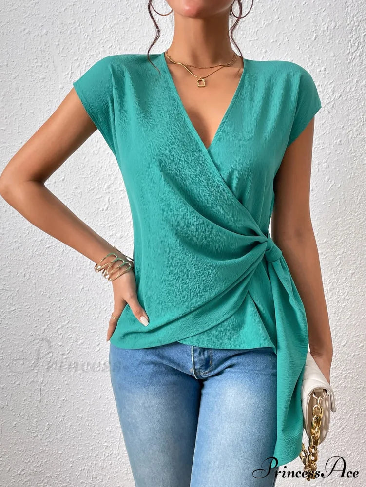 Surplice Brief With Arm Blouse Neck Tie Teal / S
