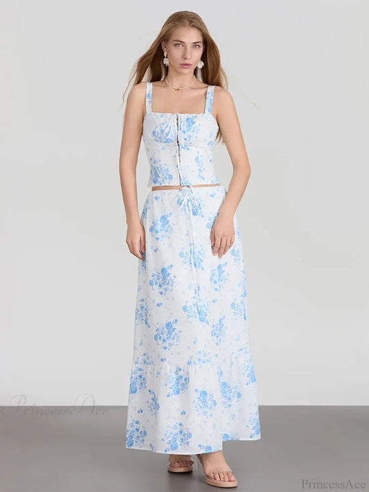 Suspender Crop Tank Top Drawstring A-line Skirt Floral Dress Blue / S floraldress-250126