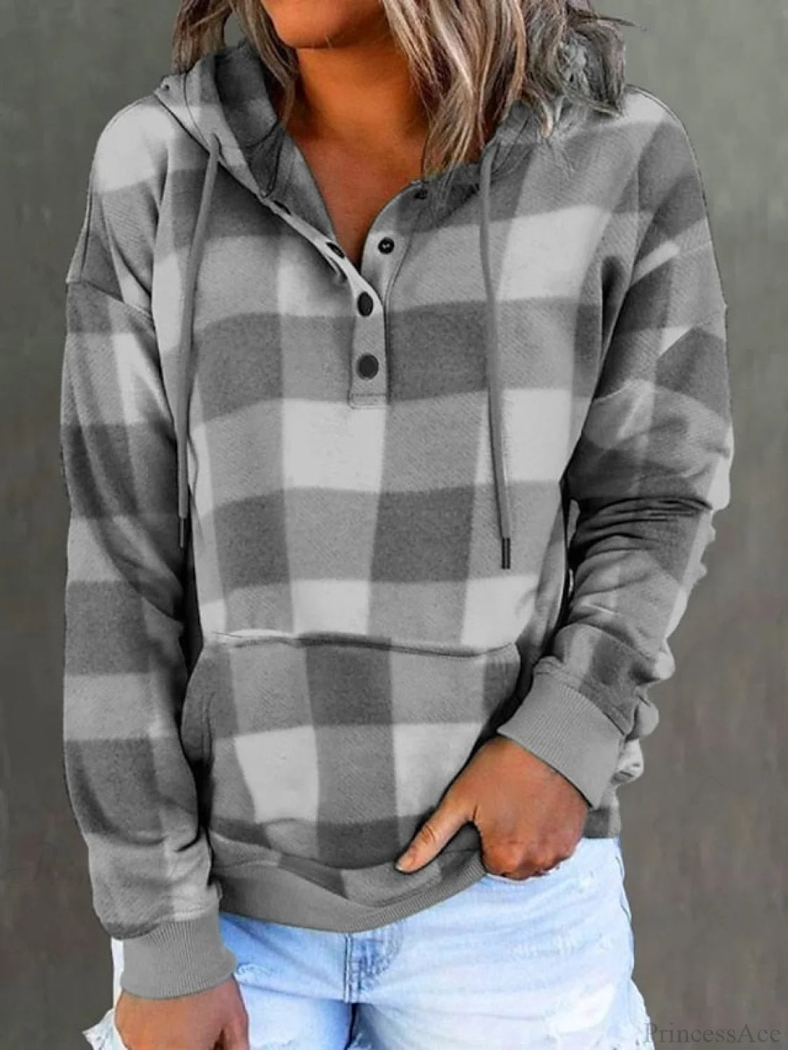 Sweatshirt Hoodie And Women’s Front Button Drawstring Plaid With Pocket Gray / S
