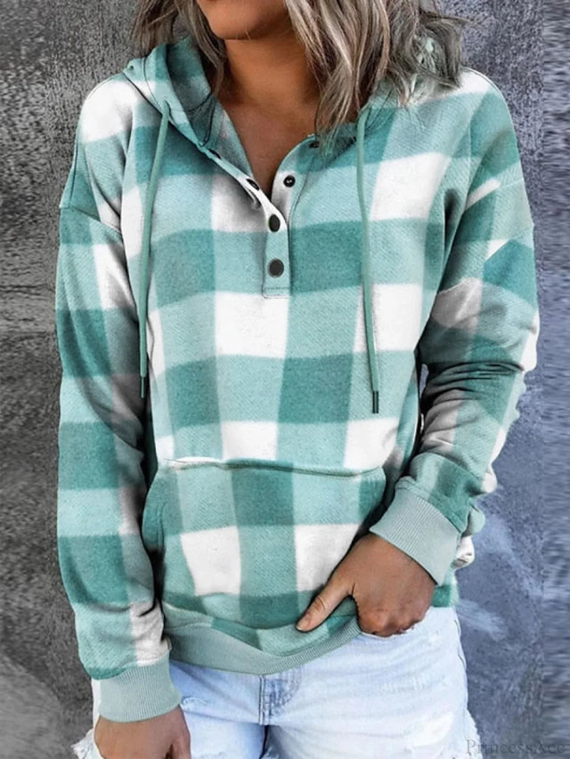 Sweatshirt Hoodie And Women’s Front Button Drawstring Plaid With Pocket Green / S