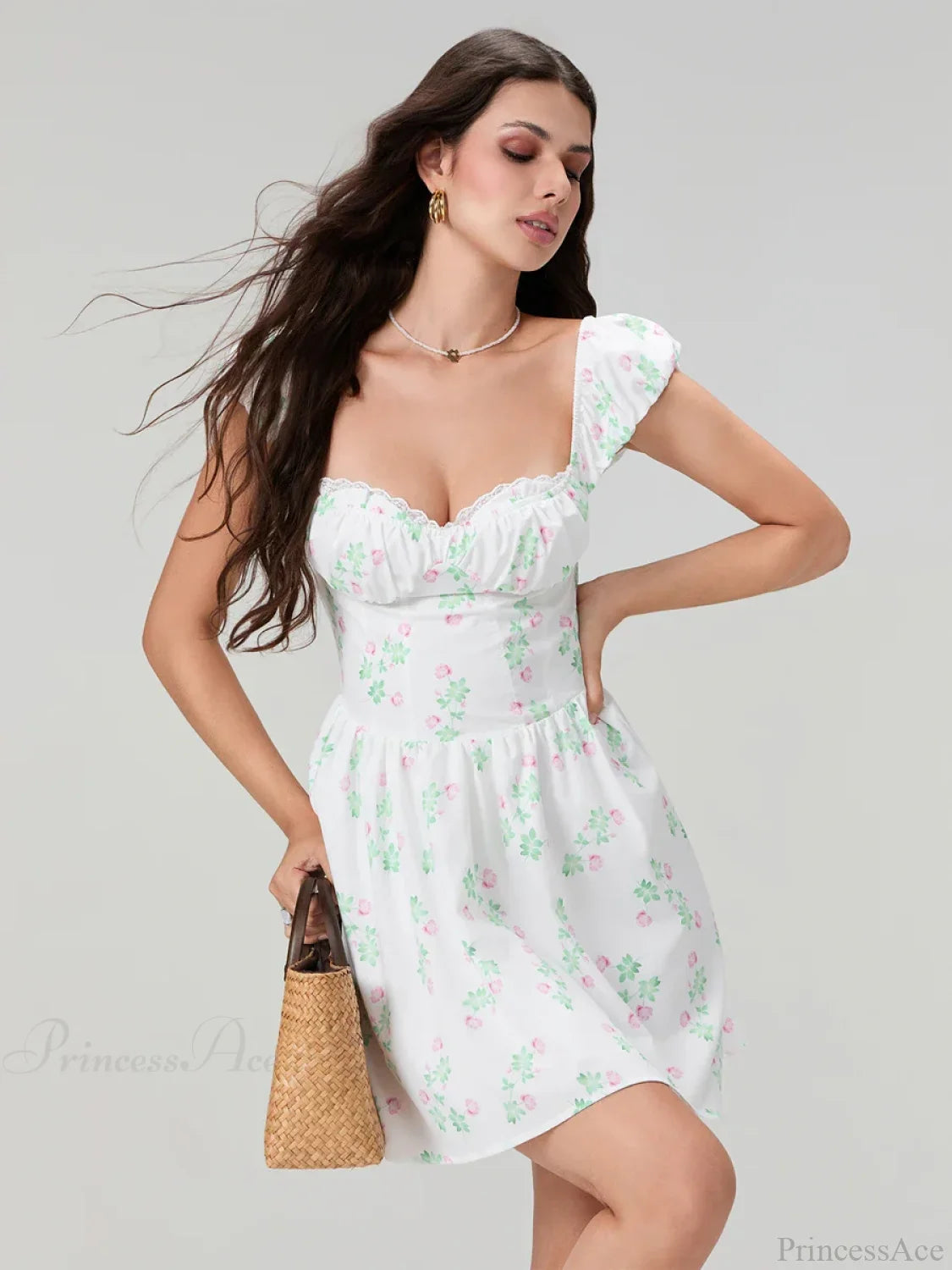 Sweet Elegant Floral Corset Mini Lace Trim Low-Cut Backless A-Line Dress floraldress-250126