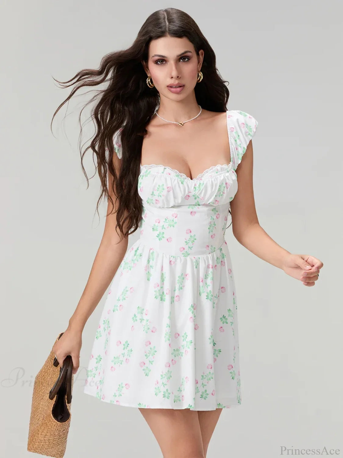 Sweet Elegant Floral Corset Mini Lace Trim Low-Cut Backless A-Line Dress floraldress-250126