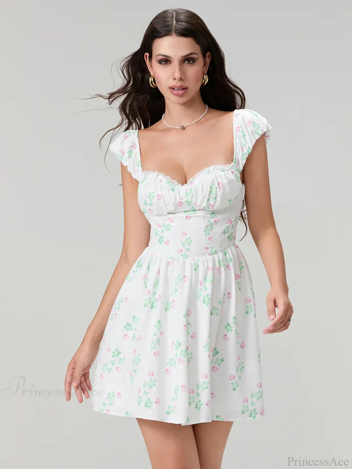 Sweet Elegant Floral Corset Mini Lace Trim Low-Cut Backless A-Line Dress WHITE / S floraldress-250126