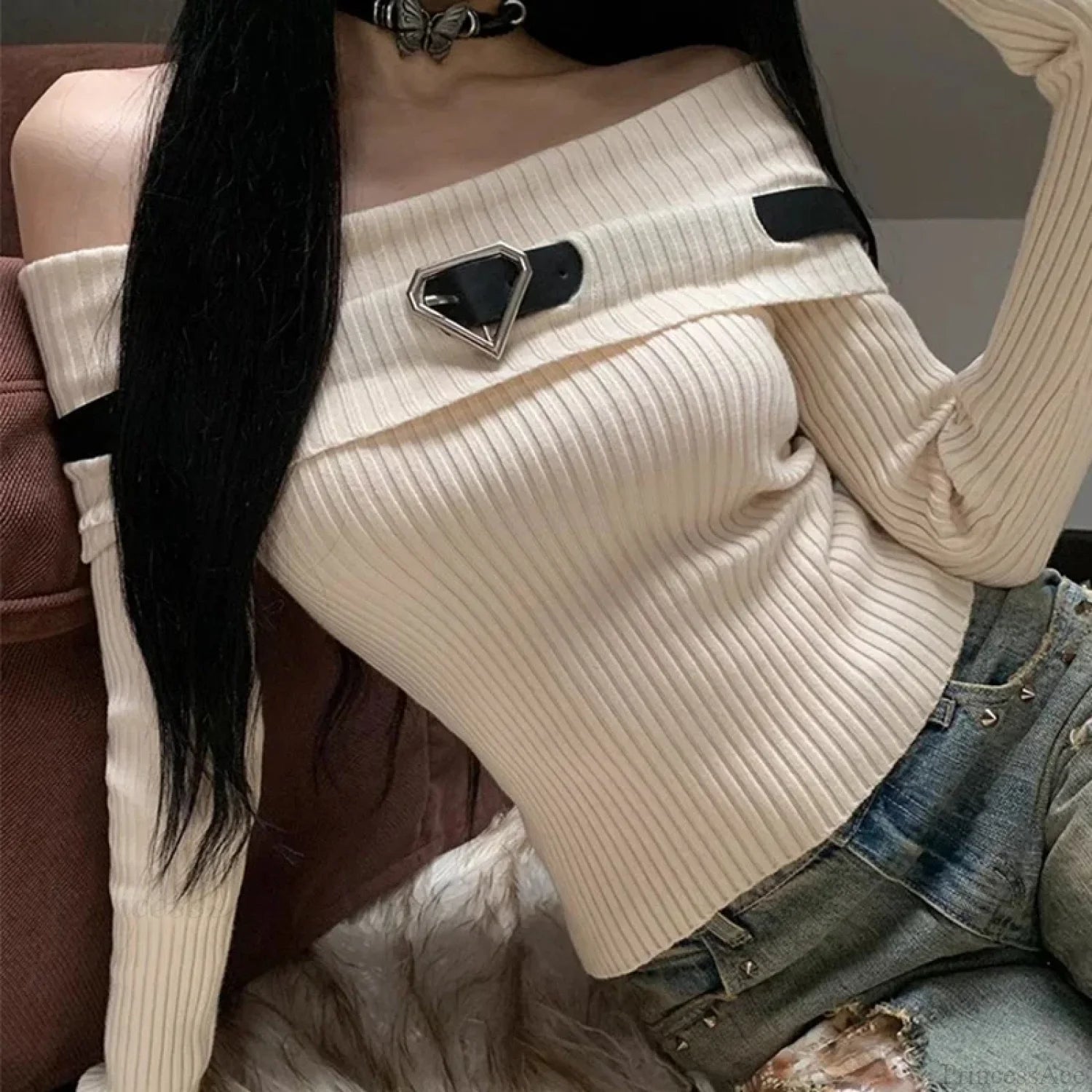 Sweet Off Shoulder Ribbed Crop Long Sleeve Slim Fit Knit Top knittop-250126