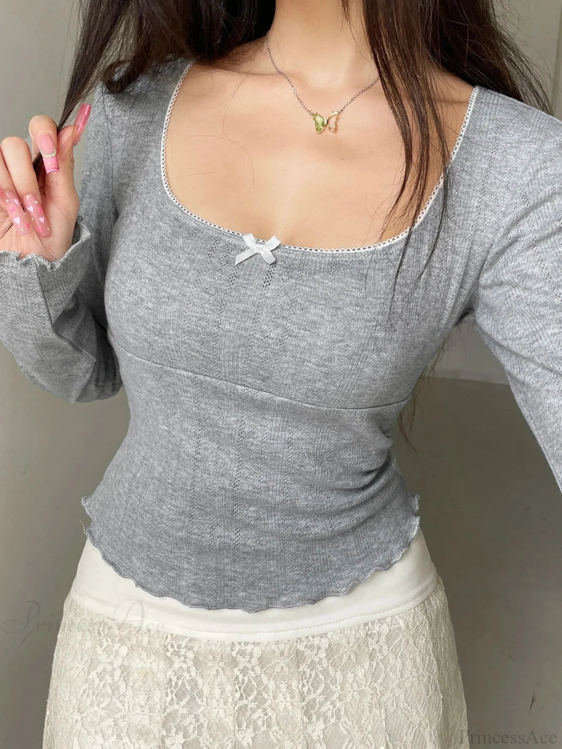 Sweet Solid Bow Slim Square Collar Long Sleeve Knit Top knittop-250126