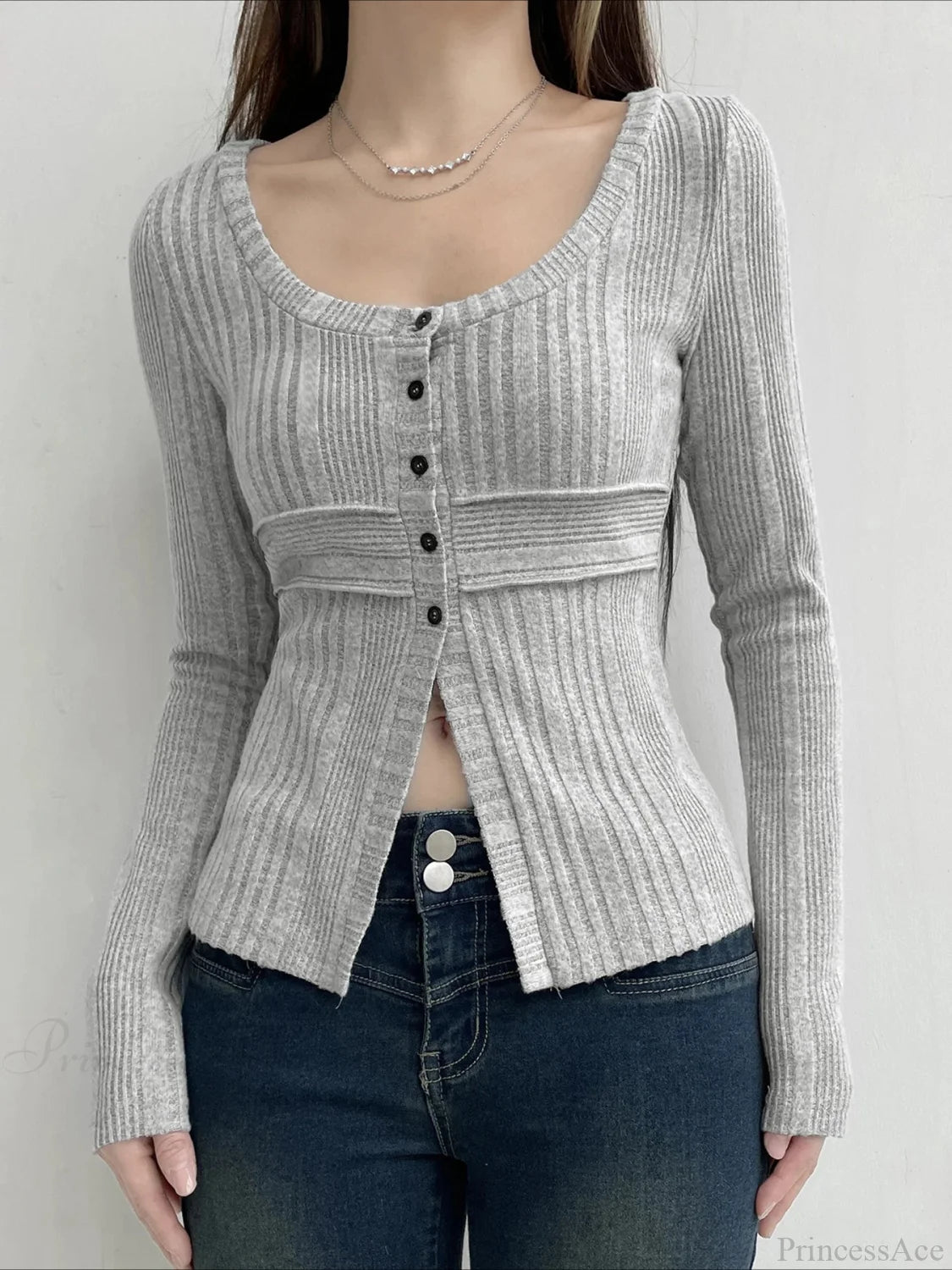 Sweet Solid Split Square Collar Long Sleeve Knit Top GRAY / S knittop-250126