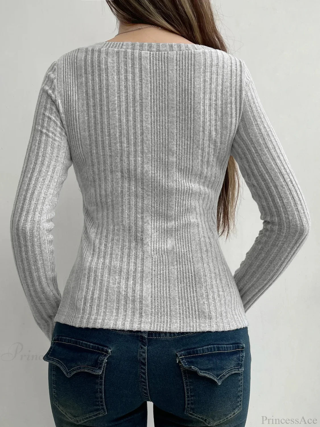Sweet Solid Split Square Collar Long Sleeve Knit Top knittop-250126