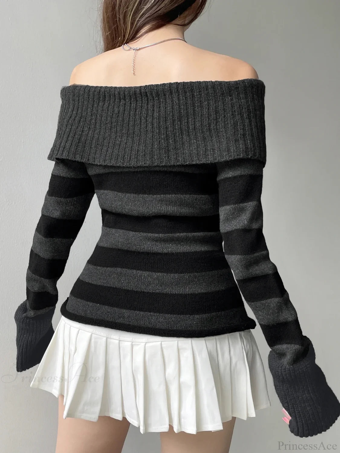 Sweet Striped Bandage Knitted Slash Neck Long Sleeve Pullover Sweater knittop-250126