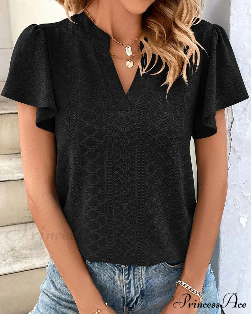 V-neck Ruffle Sleeve T-shirt Black 23BF clothes Short Sleeve Tops Spring Summer T-shirts Tops/Blouses