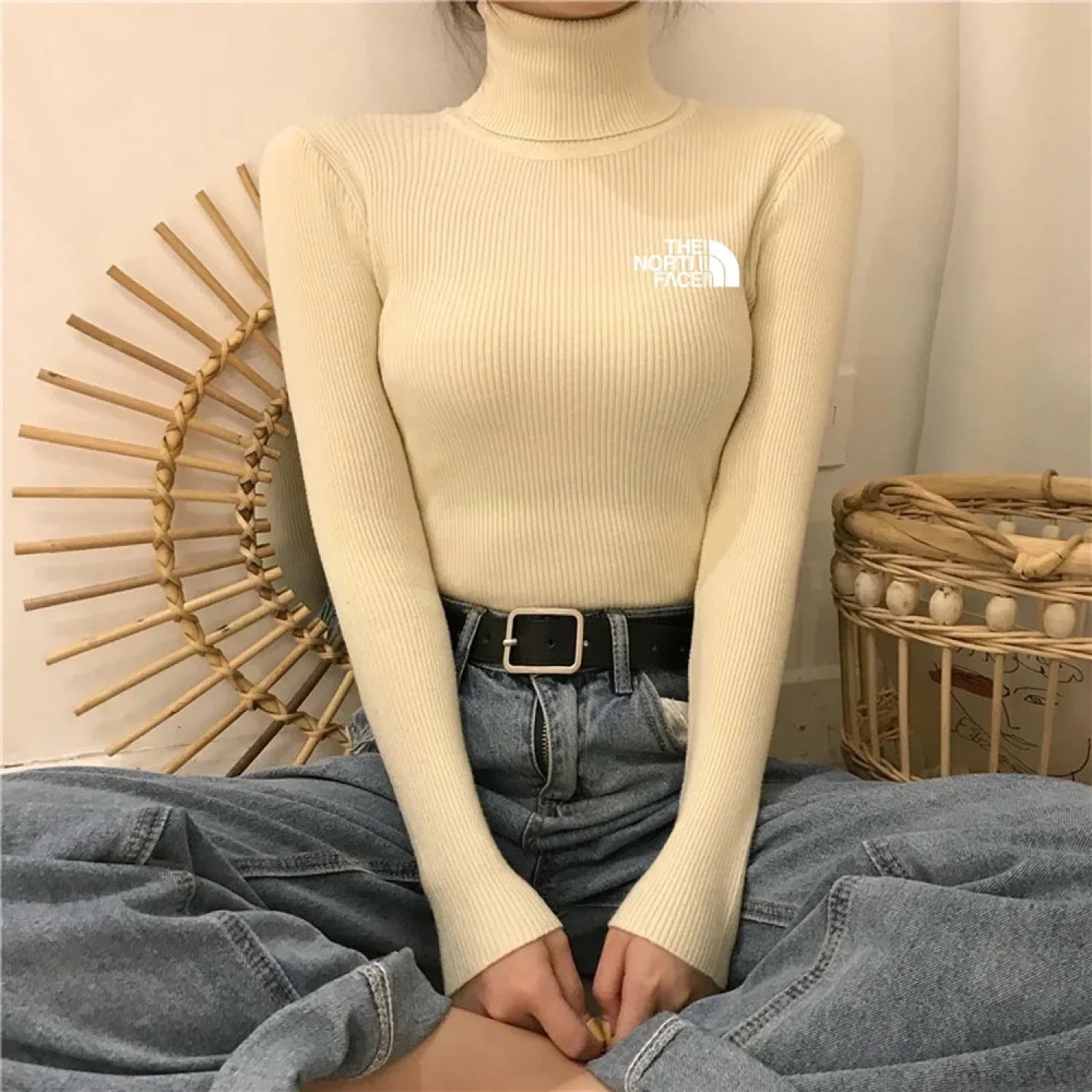 Thick Ribbed Sweater Cotton Turtleneck Knit Pullover Top apricot white / One Size knittop-250126