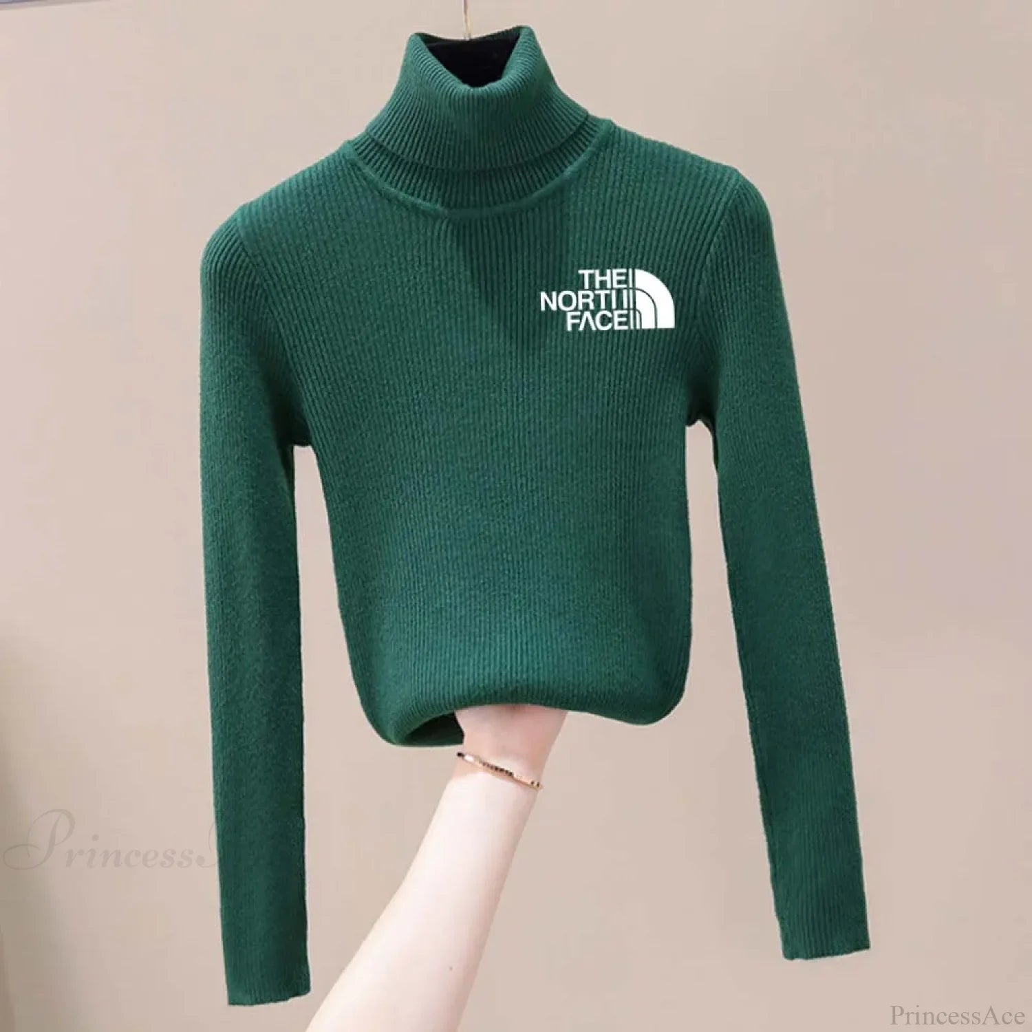 Thick Ribbed Sweater Cotton Turtleneck Knit Pullover Top Dark green white / One Size knittop-250126