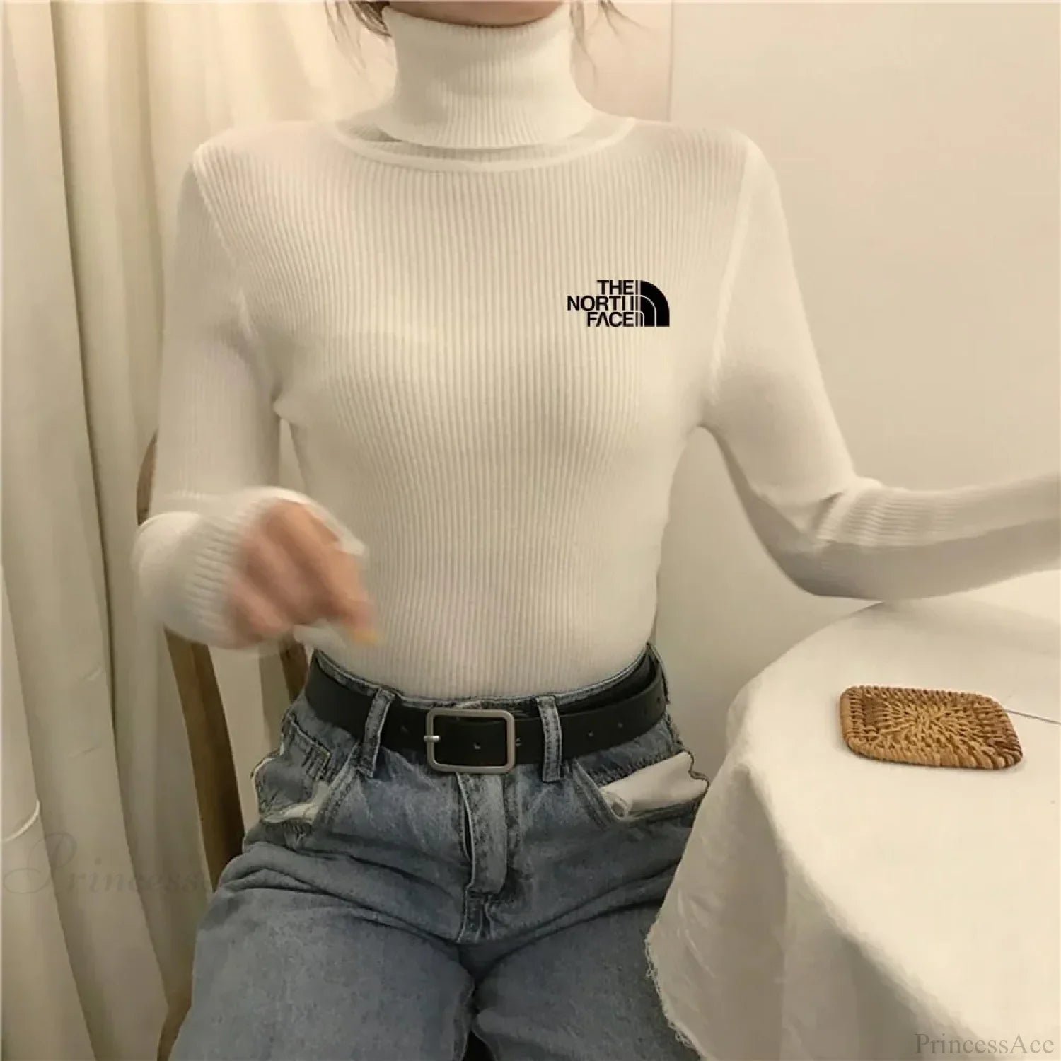 Thick Ribbed Sweater Cotton Turtleneck Knit Pullover Top White / One Size knittop-250126