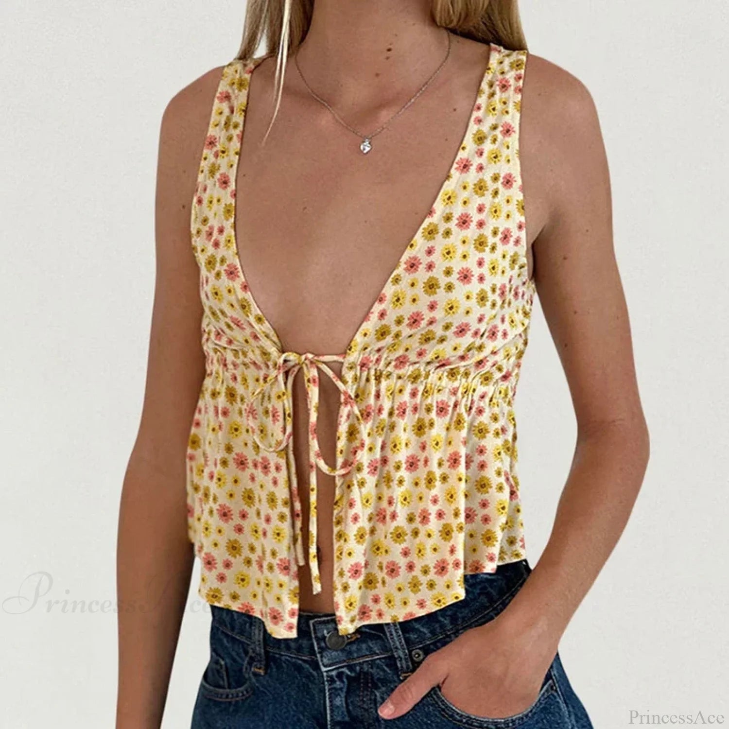 Tie Front Underbust Drawcord Floral Print V Neck Sleeveless Fairy Backless Crop Top croptop-250126