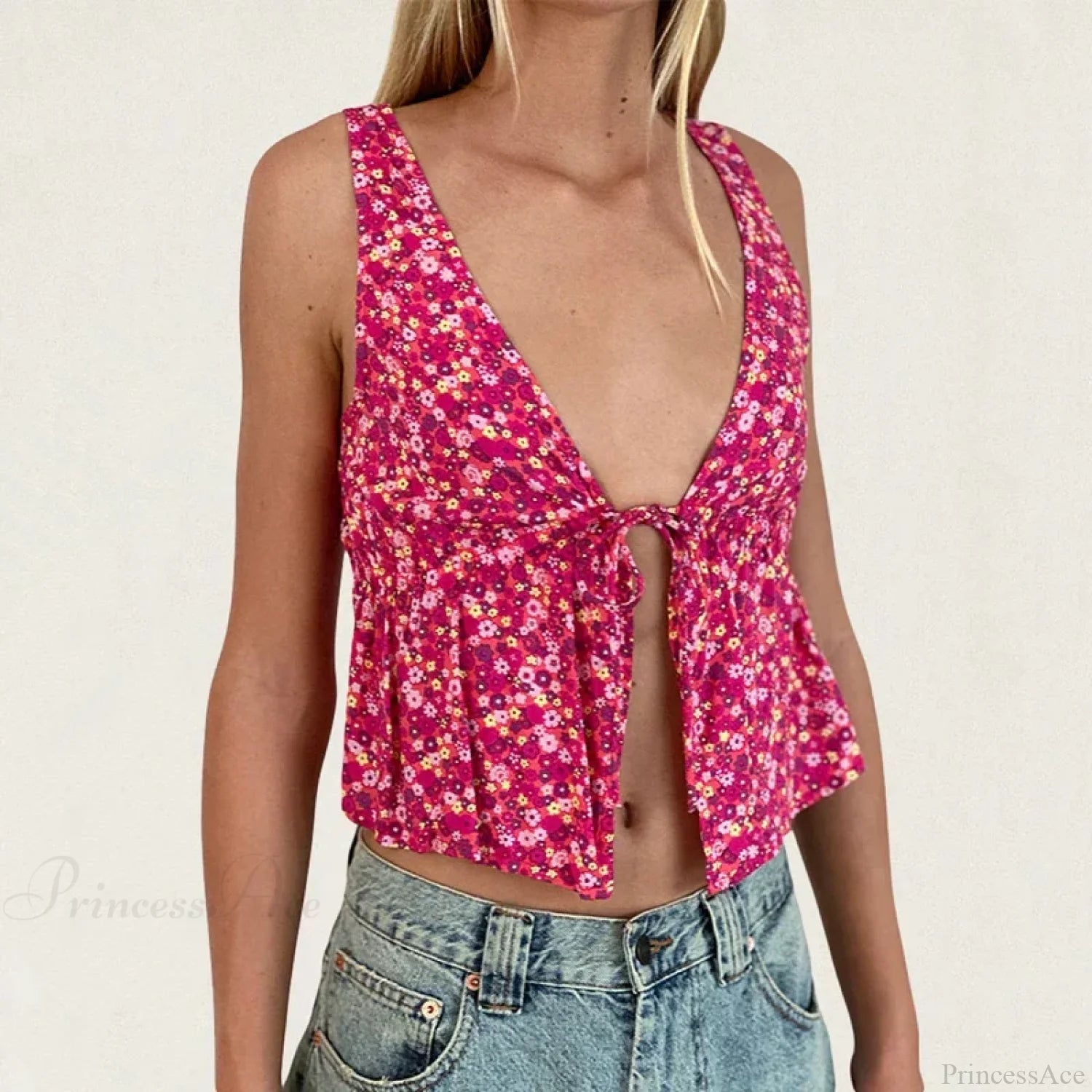 Tie Front Underbust Drawcord Floral Print V Neck Sleeveless Fairy Backless Crop Top croptop-250126