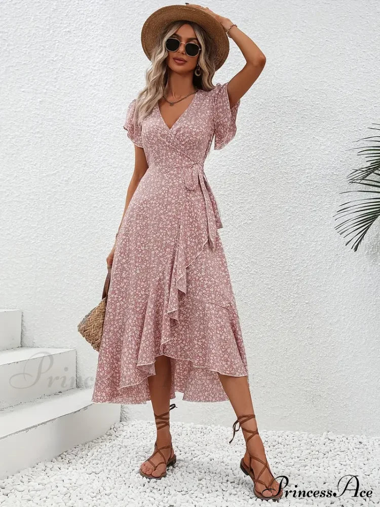 Tied Flowered Gown Flutter Surplice Design With Neck Sleeves M / Blue Pink Floral Maxi Dress